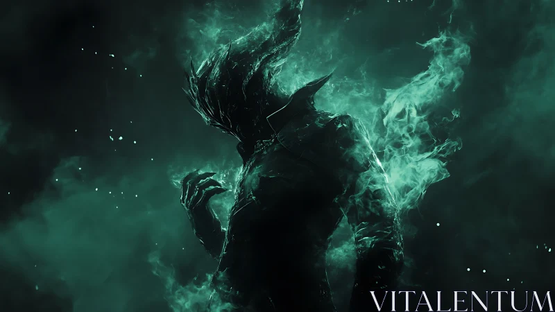 Shadowy spectral humanoid figure in green mist and darkness.