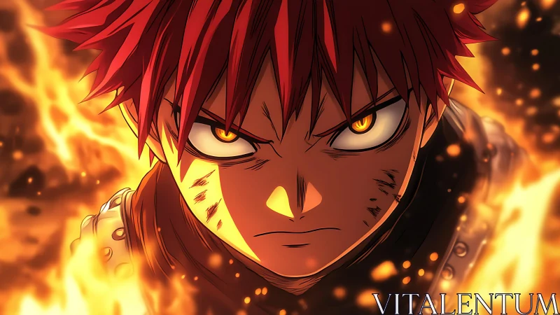 Red haired anime character shown in close-up amid flames