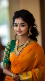 Photorealistic portrait of woman in traditional silk sari fashion.