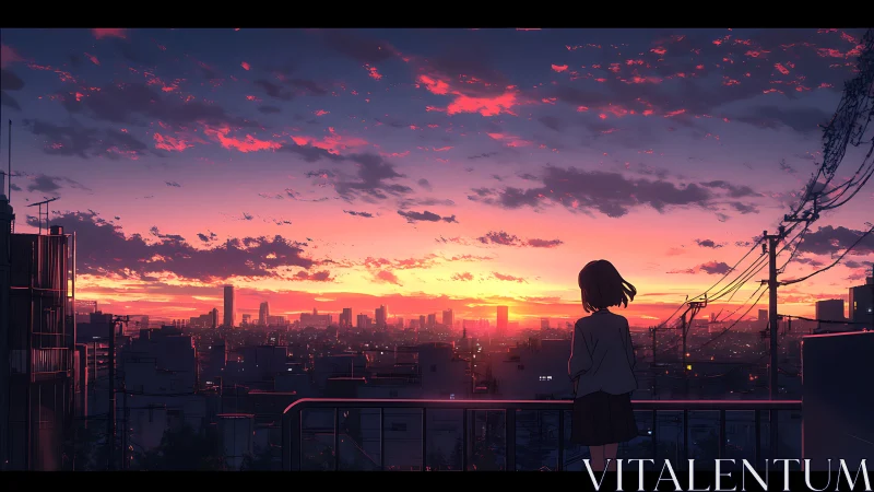 Silhouetted figure on balcony above dense city at sunset.