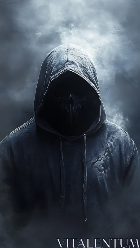 Hooded spectral figure emerges from fog in high-contrast digital art