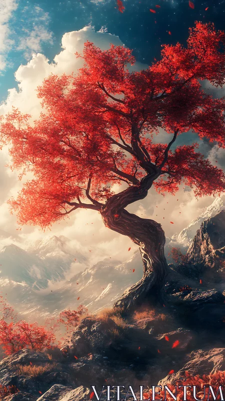 Scarlet wind-swept tree above luminous alpine valley.