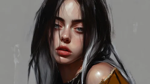 Digital portrait of young woman with dark layered hair.