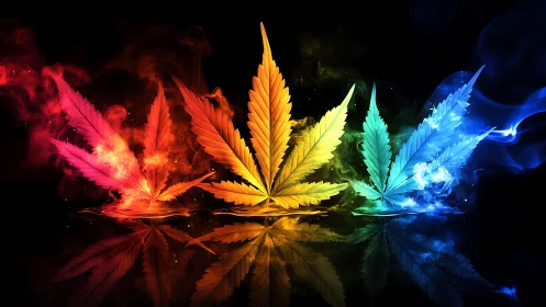 Colored cannabis leaves are rendered in reflective smoke