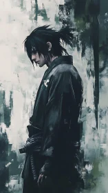 Solitary ronin drifts through a storm of muted brushstrokes