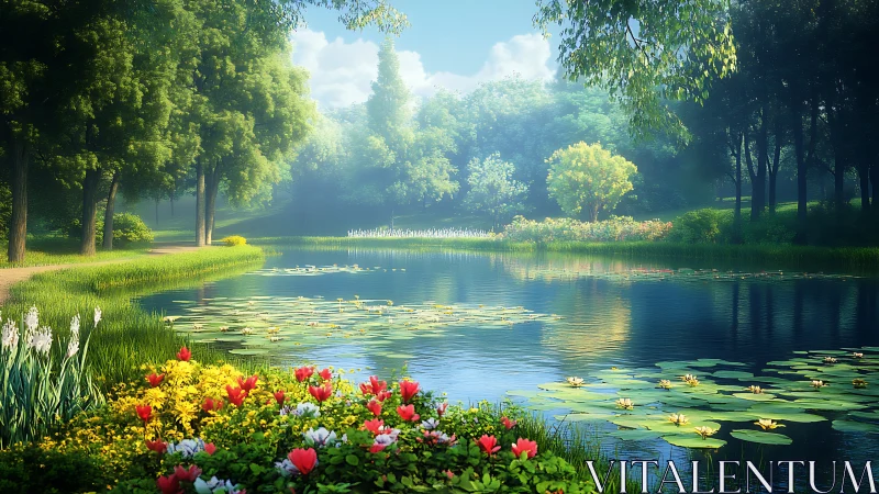 Lakeside garden with lilies, trees, and flowering borders.