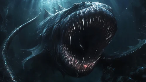 Deep sea leviathan rising from the shadows with fierce power.