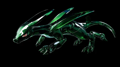 Translucent emerald glass dragon rendered with high-reflective caustic lighting