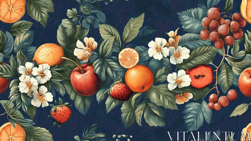 Botanical fruit pattern with oranges, apples, berries on navy background