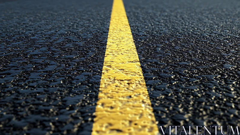 Closeup yellow centerline over textured wet asphalt road.