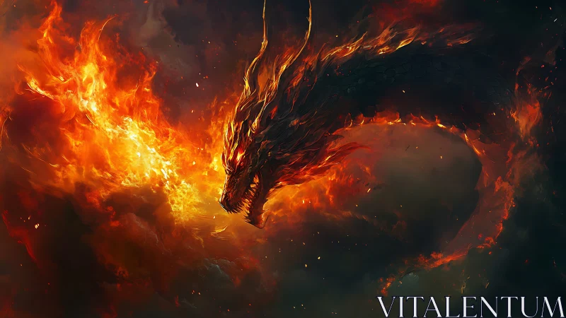 Fire dragon unleashes blazing inferno across dark sky.