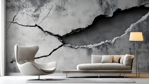 Modern lounge with cracked concrete mural dominates wall