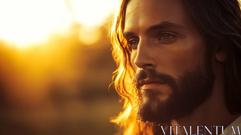 Bearded long-haired man looks right in warm sunset light
