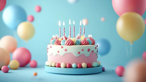 Colorful Birthday Cake with Balloons and Lit Candles.