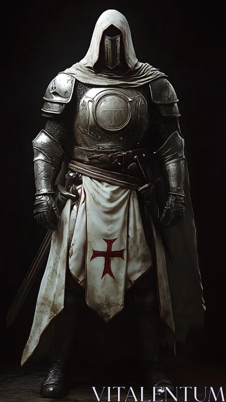 Silent crusader in weathered steel and ghost-white tabard.