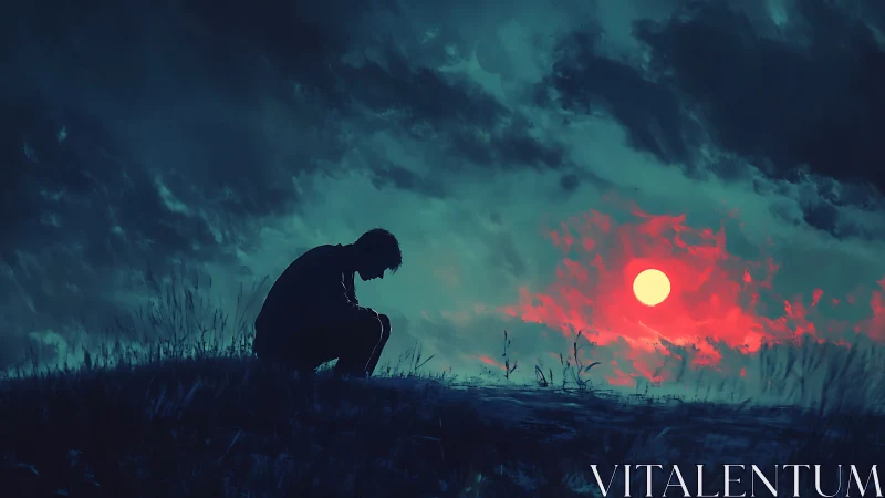 Solitary silhouette under crimson moonlit storm sky.