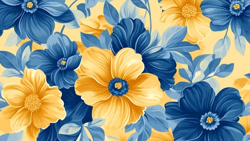 Blue and Yellow Flowers in Decorative Floral Pattern