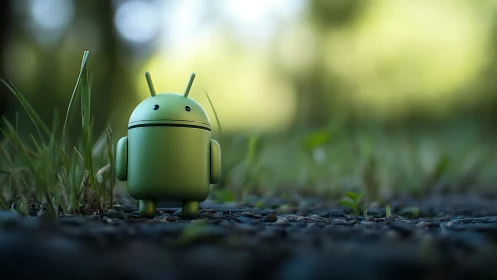 Green android figurine on blurred outdoor pathway.