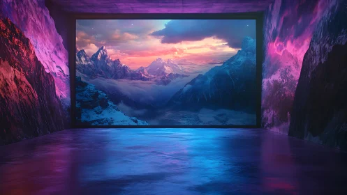 Immersive neon gallery framing hyperreal glacial mountain vista.