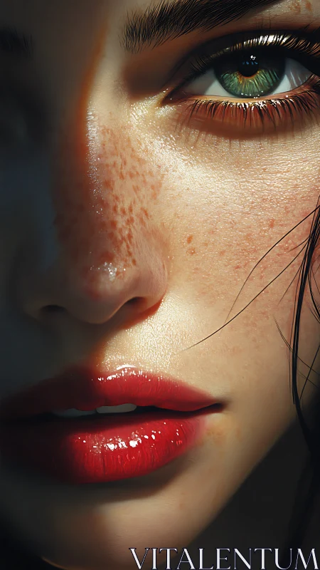 Hyperreal freckled portrait with glossy red lips closeup.