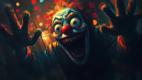Sinister clown lunges forward with exaggerated wild grin.