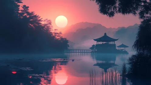 Sunset illuminates lakeside pavilion with mirrored reflection