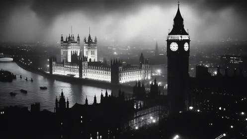 Nighttime view of London riverside landmark in monochrome.