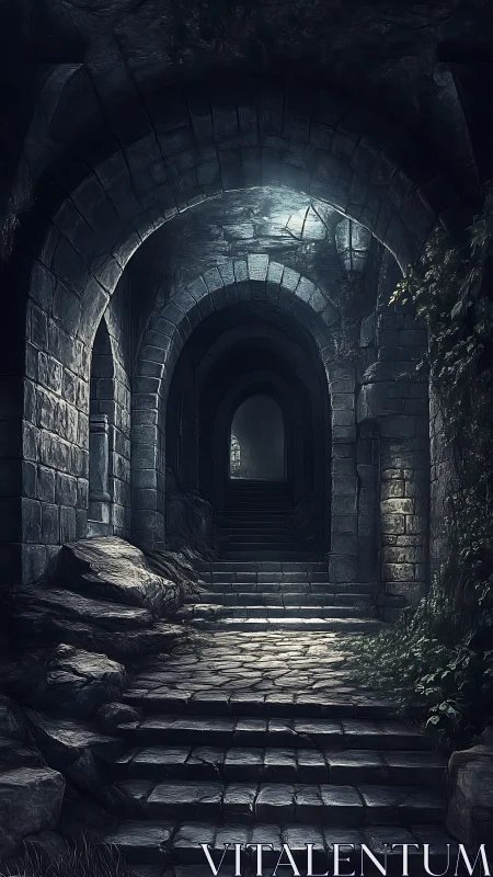 Stone vaulted passageway receding through tiered arches in gloom