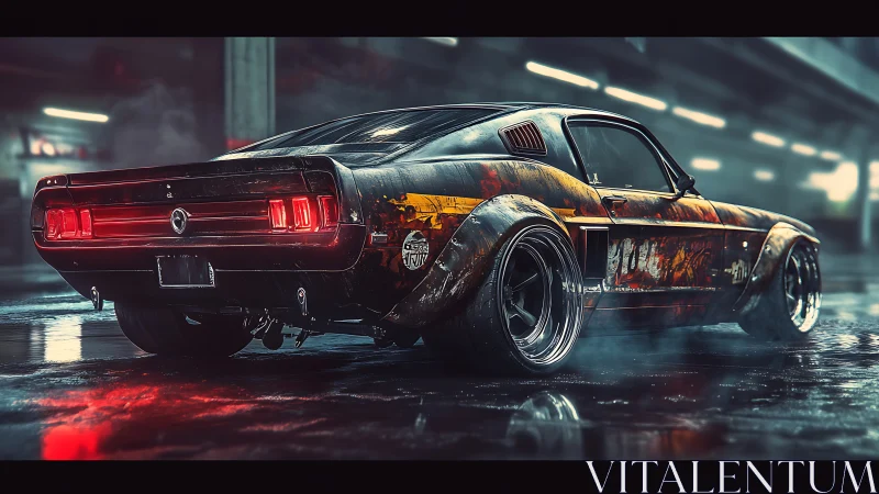 Weathered muscle car smolders in neon-lit underground garage