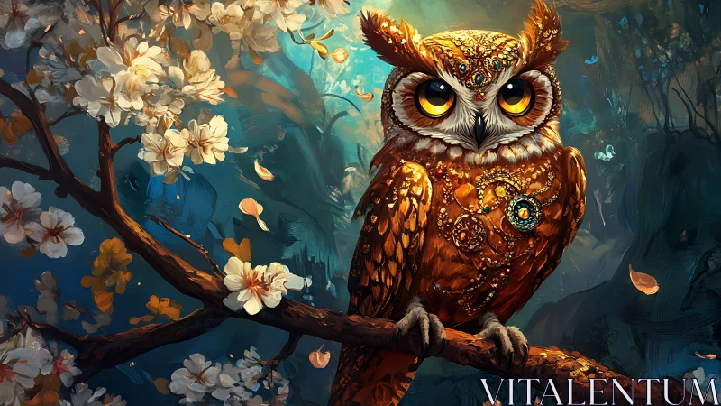 Enchanted jeweled owl on blooming branch in vibrant digital art.