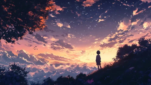 Twilight hilldreamer gazing into a star-sprinkled sky.