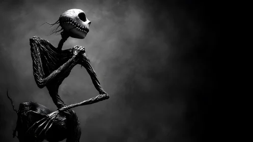 Emaciated skeletal figure rendered in high-contrast 3D chiaroscuro