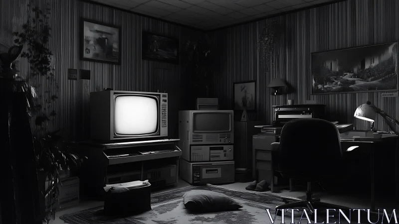 Monochrome retro workstation with CRT glow and cluttered decor.