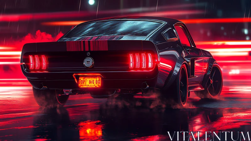 Neon-lit muscle car powers through a rainy cyber street.