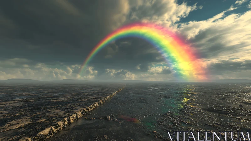 Iridescent rainbow arch over stormy reflective seascape.
