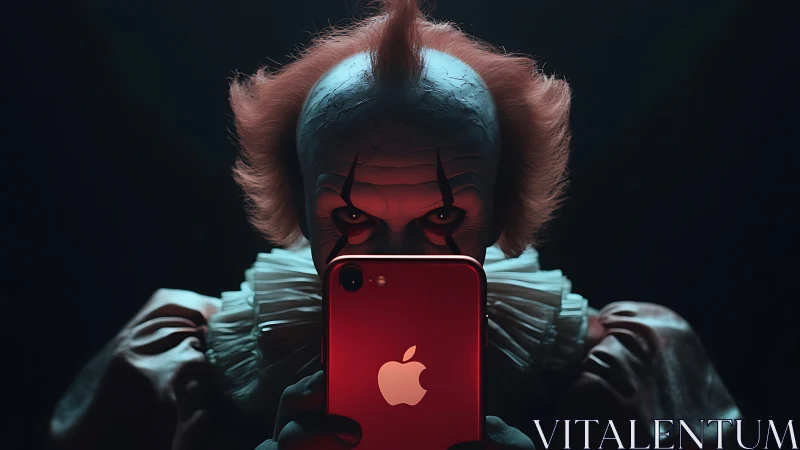 Menacing clown snaps a moody selfie with red phone.