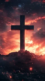 Monolithic cross silhouette against nebular, high-contrast sky