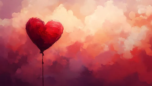 Red heart-shaped balloon floats through layered pastel cloud formations with gradient overlay.