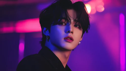 Portrait of young person in neon lighting environment.