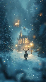 Deer stands on snowy path facing illuminated forest cabin