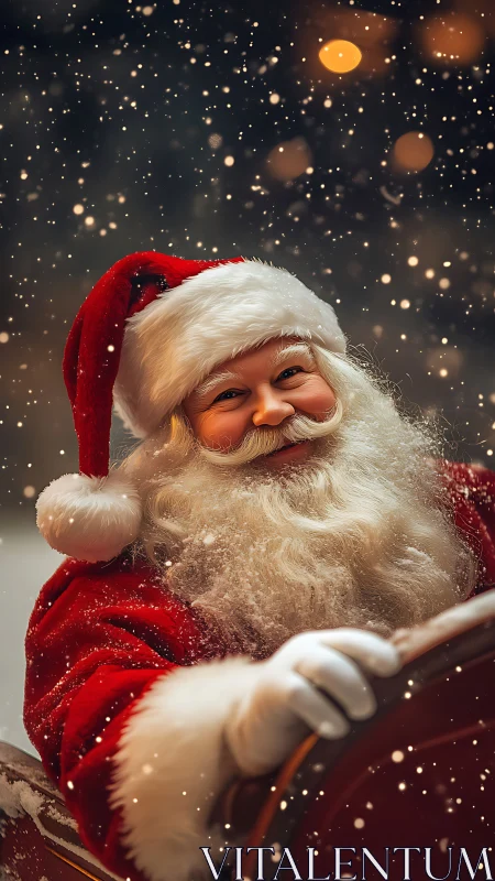 Santa Claus portrait in sleigh under gentle snowfall.