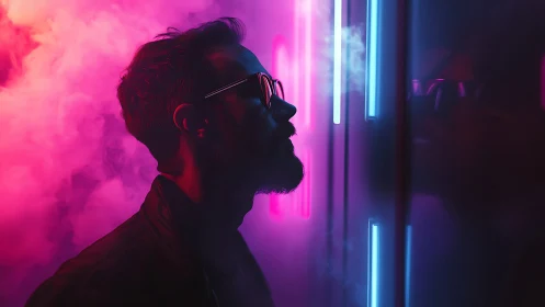 Side profile silhouette faces neon-lit wall in colored haze