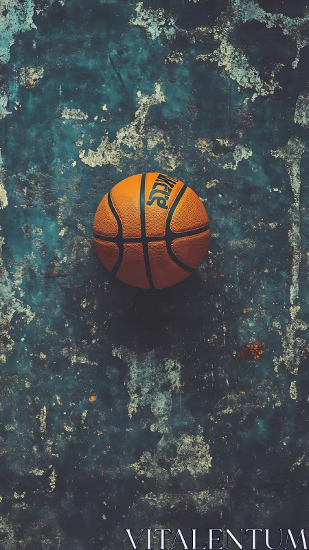 Lonely orange basketball rests calmly on worn teal floor