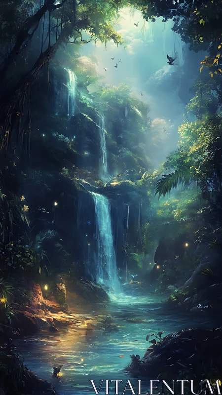Dense forest ravine with multi-tiered waterfalls at dusk.