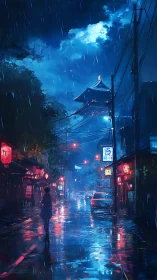 Rainy neon alley with pagoda under dramatic night sky.