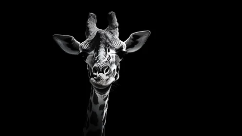 High-contrast monochrome frontal portrait of a giraffe head.
