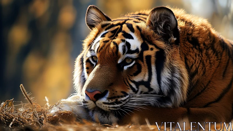 Resting tiger lies in warm golden light of quiet forest.