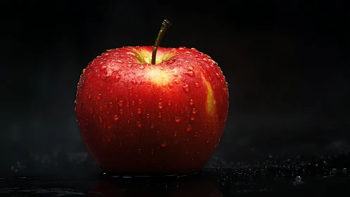 High-contrast macro of dewy red apple against black void