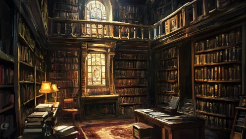 Golden-lit antiquarian library with towering book walls.