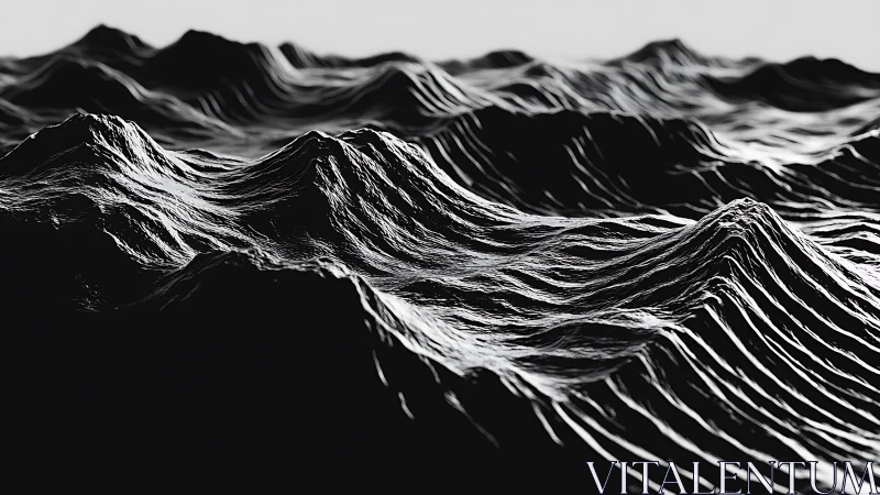 Monochrome digital seascape with sculpted metallic waves.